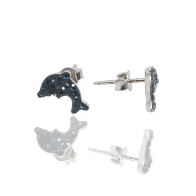 Orecchini delfino in argento 925 rodiato con strass blu notte - Immagine 1 di 2