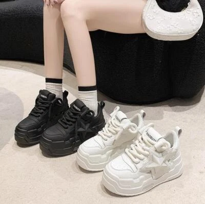 Korean Womens Round Toe Sneakers Platform Lace Up Star Casual Trainers Shoes  - Image 1 of 4