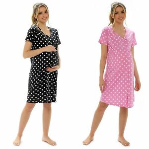 Ladies Maternity Nightie Polka Dotted Button Through Night Dress Shirt Nightwear