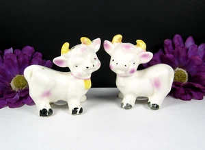 CUTE COWS with PINK PURPLE Vintage Salt and Pepper Shakers Ceramic Porcelain - Picture 1 of 11