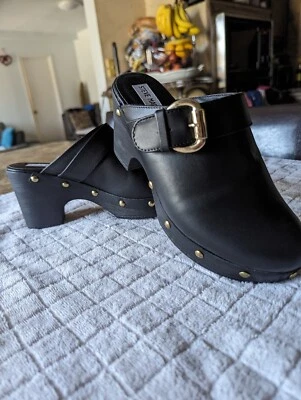 Steve Madden Zuecos de Cuero Negro Talla 7 Plataforma Tacones Cuñas Zapatos Foto 1 de 4