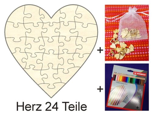 Drewniane puzzle serce, 24 elementy, 38x38 cm + kredki + dekoracja, ślub, księga gości