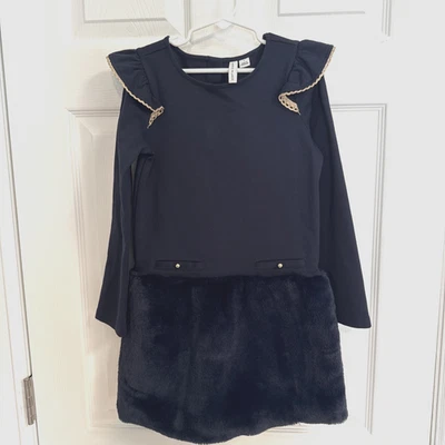 JANIE & JACK Girls Holiday Dress with Faux Fur Skirt Section- Size 7  Navy Blue - Image 1 of 3