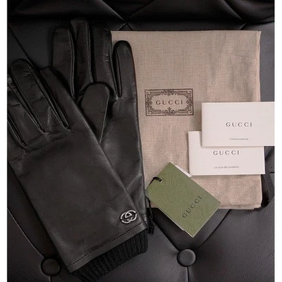 talla 9.5 M NUEVO $840 GUCCI Para hombres Cuero Negro Piel de Cordero Lana Forrado GG LOGO GUANTES Foto 1 de 4