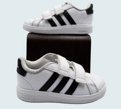 Adidas Grand Court Zapatillas 3 Rayas Niños 9K Blanco Negro Gancho y Lazo Foto 1 de 4