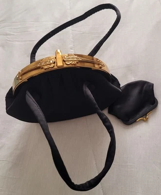 VTG - 1950s - After Five-Black Satin Evening Clutch Gold Trim with Coin Purse - Image 1 of 4