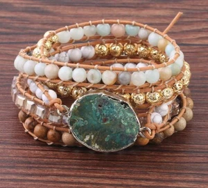 E09 Armband Ozean-Jaspis Fluorit bunte Kristalle auf Lederseil 94 cm lang - Bild 1 von 7
