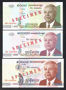CAMBODIA P-55S,56S,57S. 2001 SPECIMEN : 5000, 10,000, 50,000 Riels.  UNC - Picture 1 of 2