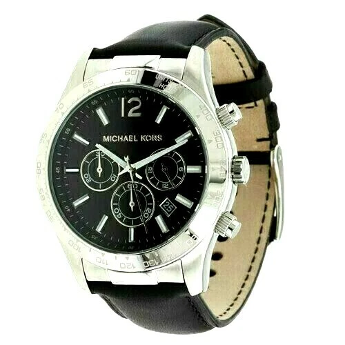 New-Michael Kors Layton Color Argento, Nero Pelle Fascia, Chrono Orologio MK8215 - Immagine 1 di 1