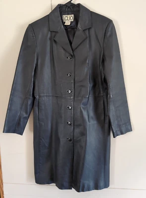 Abrigo forrado con botones 100 % cuero Clio para mujer talla 10 bolsillos 38" de largo Foto 1 de 4