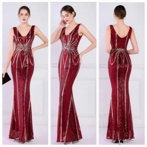 Red, Striped Print, V Neck, Sequined Mermaid Gown - Picture 1 of 11