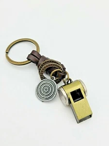 Antique Gold & Oiled Bronze Whistle Keychain w Leather Cord & Medallion Accents - Picture 1 of 3