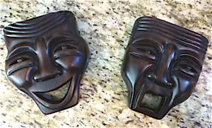 Art Deco Comedy Tragedy Hand Carved Wood Mask Set Theater Drama Small Wall Decor - Picture 1 of 11