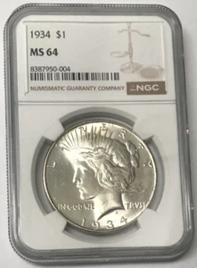 1934 Silver Peace Dollar $1 NGC MS64 - Picture 1 of 4