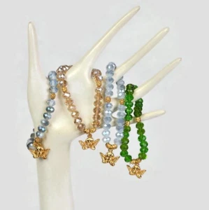 Crystal Beaded Stretch Elasticated Bracelet with Gold Tone Angel Charm 4 Colours - Picture 1 of 28