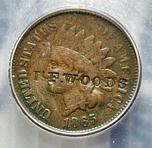 1865 Indian Head Cent VF20 Brunk W-852 "Woods" Counterstamp - Picture 1 of 4