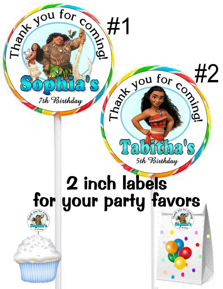 20 ETIQUETAS MOANA FIESTA FAVOR MOANA 2 MAUI para piruletas, bolsas de regalos, tapas de cupcakes Foto 1 de 1