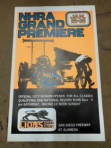 Póster original vintage de carreras de arrastre de los NHRA LIONS 22x14 Top Fuel Funnycar años 60 - Imagen 1 de 1