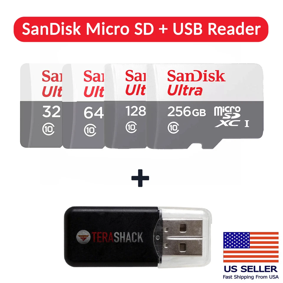 SanDisk Micro SD Card Ultra Memory 32GB 64GB 128GB 256GB Class 10 TF USB Reader - Image 1 of 1
