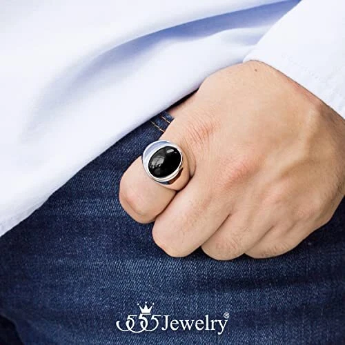 555Jewelry Stainless Steel Domed Oval Signet Turquoise/Onyx Stone Ring for Mens Foto 1 de 1