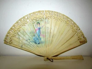ANTIQUE VICTORIAN BRISE HAND PAINTED LADY HAND FAN - Picture 1 of 8