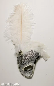 Mardi Gras Mask 1/2 Face Silver/White Lame" Fabric Feathers Sequin & Bead Trim - Picture 1 of 1