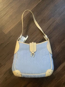 Etienne Aigner Blue Canvas Hobo Shoulder Bag Logo Design Leather Trim Zipper NWT - Picture 1 of 7
