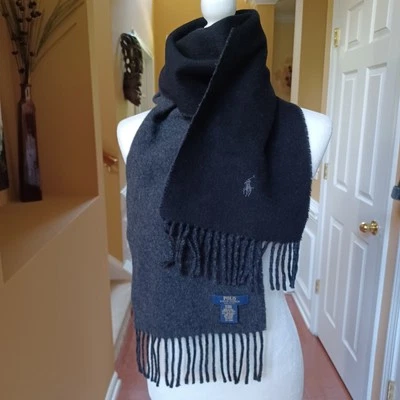 Шарф Polo Ralph Lauren черный натуральная шерстяная смесь бахрома двусторонний тихий роскошный - Изображение 1 из 4