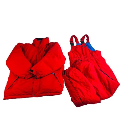 L L Bean Kids 10/12 Down Puffer Snow Babero Overall Invierno Rojo Esquí Snowboard Set Foto 1 de 4