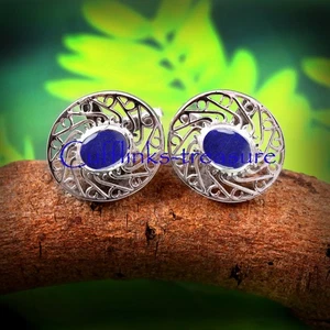 Natural Lapis Lazuli Gemstone with 925 Sterling Silver Cufflinks For Men's #7324 - Picture 1 of 8