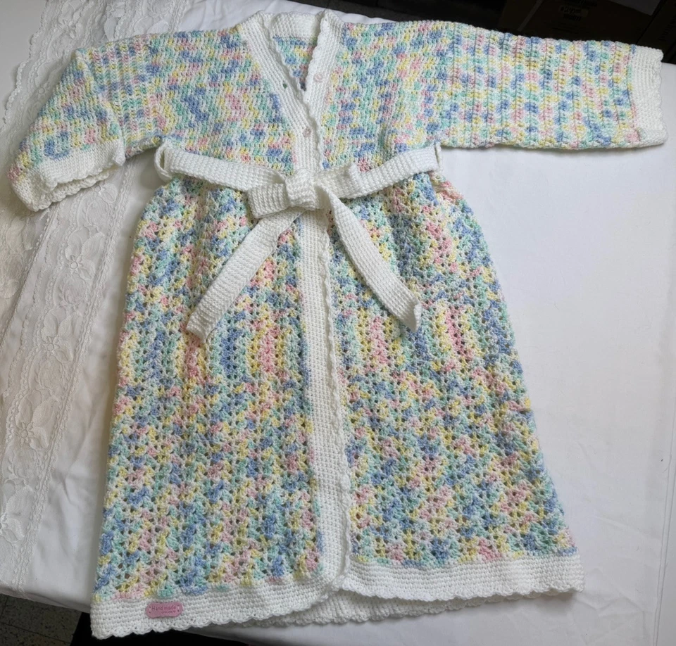 "Bata de baño infantil de ganchillo hecha a mano rosa niña mediana 29"" largo 29"" pecho" Foto 1 de 4