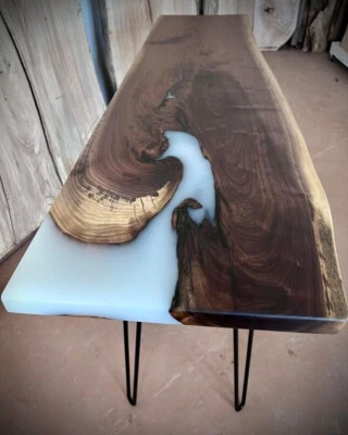 White Epoxy Live Edge Wooden Table Top, Epoxy Modern Console Slab Top Decor - Image 1 of 3