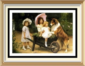ARTHUR ELSLEY Vintage Style Wall Art Print JUMP UP Victorian Children Collie Dog - Picture 1 of 1