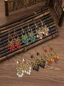 Vintage Bohemiam Quaste Gold Träne Ohrringe, 1 Paar rosa - Bild 1 von 1