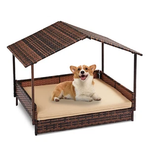 Wicker Dog House, Elevated Rattan Dog Bed with Canopy and Washable Cushion Cover - Picture 1 of 7