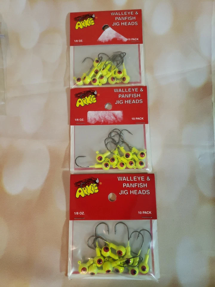 30 Arkie 1/8 oz. Chartreuse & Red Eyes Walleye & Panfish Jig Heads Fishing Jigs