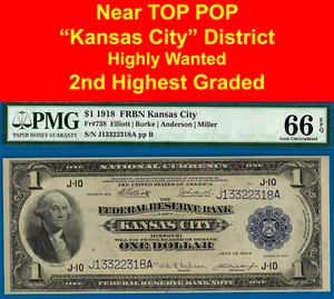 1918 $1 National Currency PMG 66EPQ 2nd highest graded FRBN Kansas City Fr 738 - Picture 1 of 4