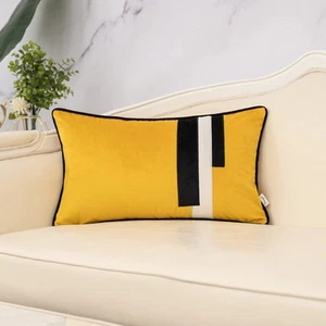 Yellow Decorative Velvet Lumbar Throw Pillow Cover Striped Patchwork Cushion ... - Picture 1 of 7