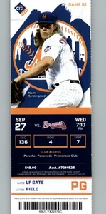Atlanta Braves vs New York Mets 9/27/2017 Full Ticket - Noah Syndergaard - Picture 1 of 1