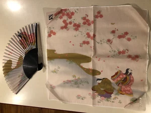 Japanese Handkerchief Hand Fan Gift Set Cherry Trees Kimono Girls in Meadow Silk - Picture 1 of 7