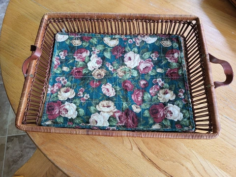 Vintage Wicker W wood bottom Basket Serving Tray Rectangular with Handles Picnic Cover