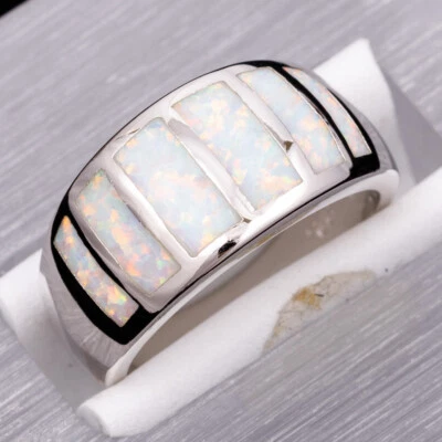 Anillo simple blanco ópalo de fuego plata joyería boda banda ancha mujer talla 7 8 9 Foto 1 de 4