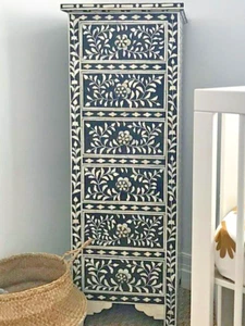 Bone Inlay Furniture Black And White Floral Design Chest of 6 Drawers Tallboy - Picture 1 of 7