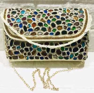 Stunning Stylish Ethnic Clutch Bag-Embedded stone glass evening clutch-Multi -Co - Picture 1 of 2