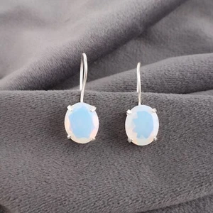 Milky Opal Gemstone Stud Hook Earrings 925 Sterling Silver Handmade Jewelry Gift - Picture 1 of 5