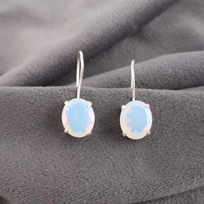 Milky Opal Gemstone Stud Hook Earrings 925 Sterling Silver Handmade Jewelry Gift - Image 1 of 4