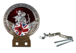 Remembrance Poppy British Flag Red St Christopher Car Badge with Fixings - Picture 1 of 1