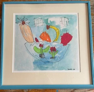 Bodegón abstracto frutero ingenuo forastero arte amateur firmado James M 1999 - Imagen 1 de 4