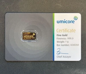Goldbarren 999,9 Feingold – UMICORE – Made in EU 1 Gramm - Bild 1 von 2