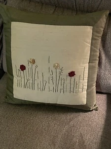 16 X 16 Square Olive Green/Cream Accent Pillow sewn On Flowers Zip Close Patio - Picture 1 of 9